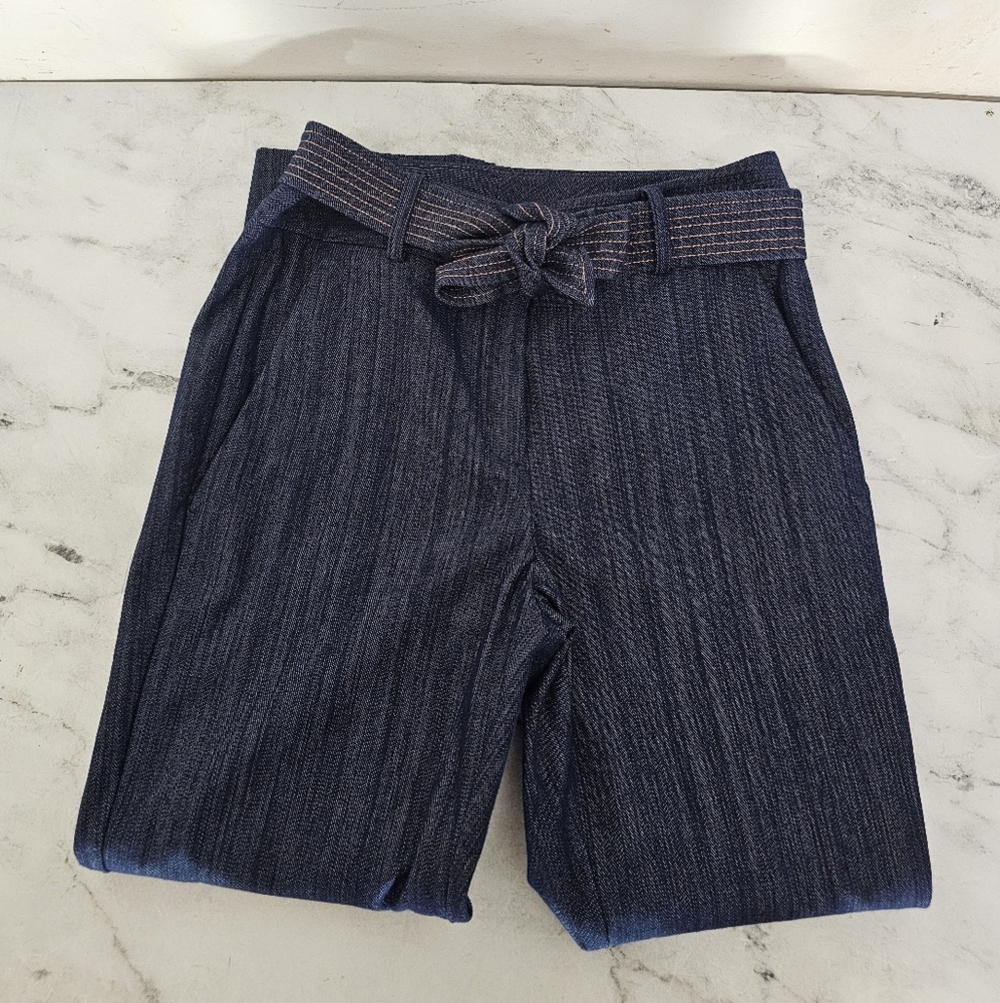 DKNY High Waisted Belted Paperbag Straight Leg Denin Blue Pant Pinstripe 2 - Picture 6 of 9